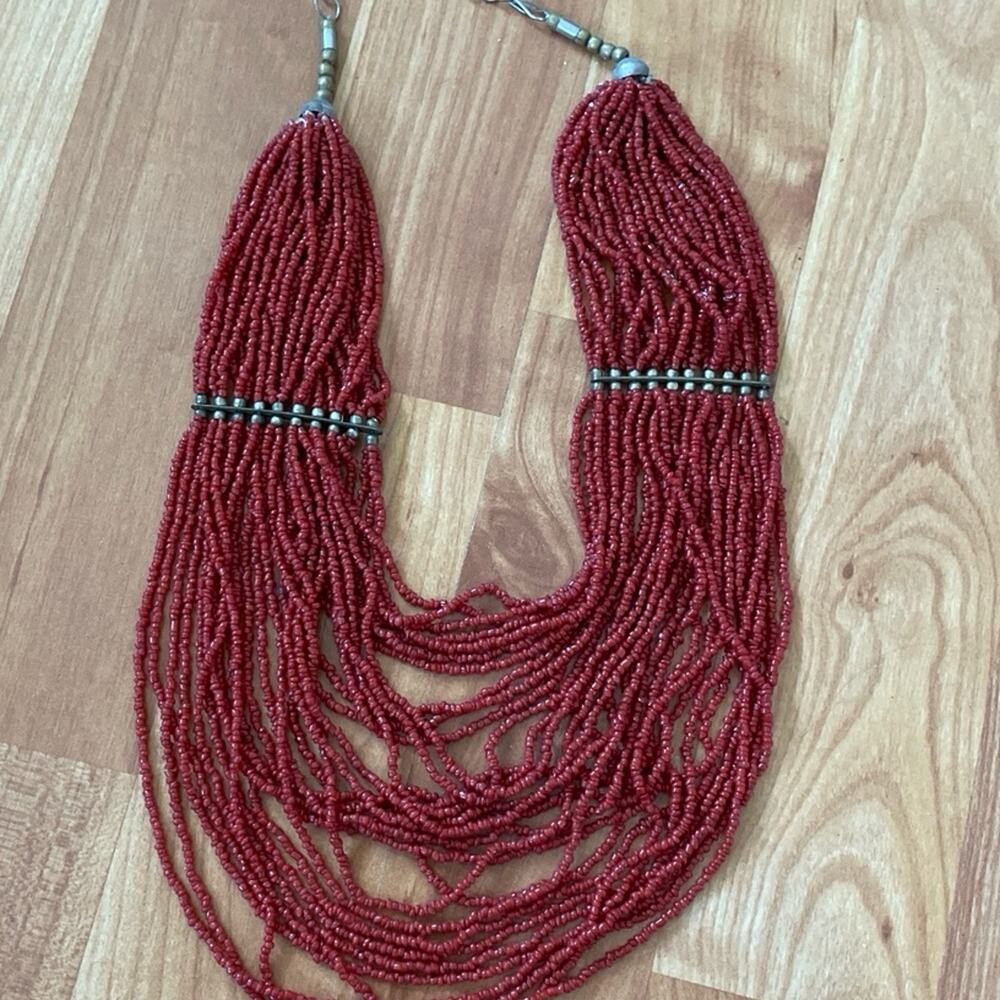 Red Necklace, Bohemian, Glass Beads, Multi Strand, Glass Beads, Vintage Necklace
